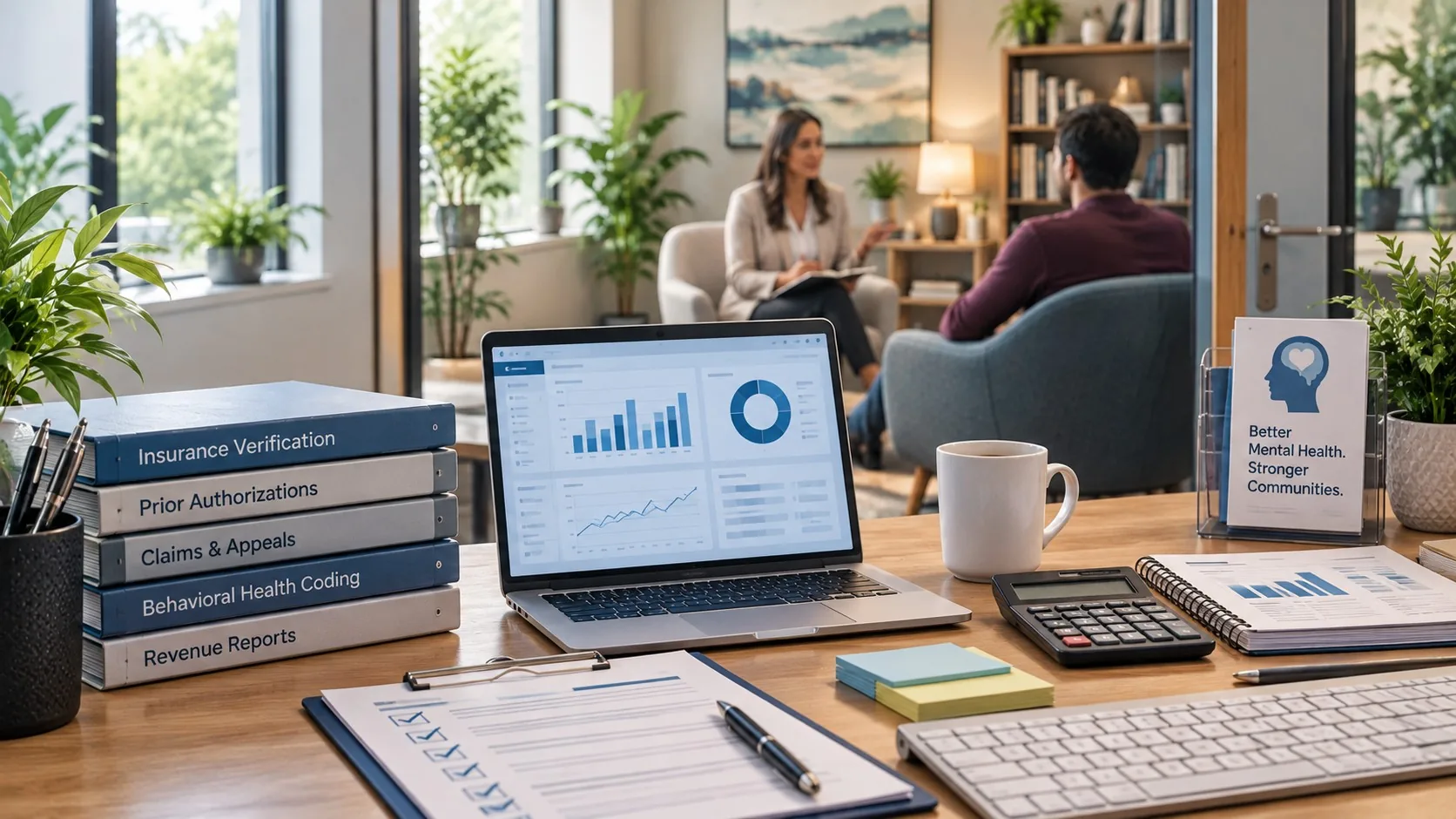Behavioral health billing workspace with binders for insurance verification, prior authorizations, claims and appeals