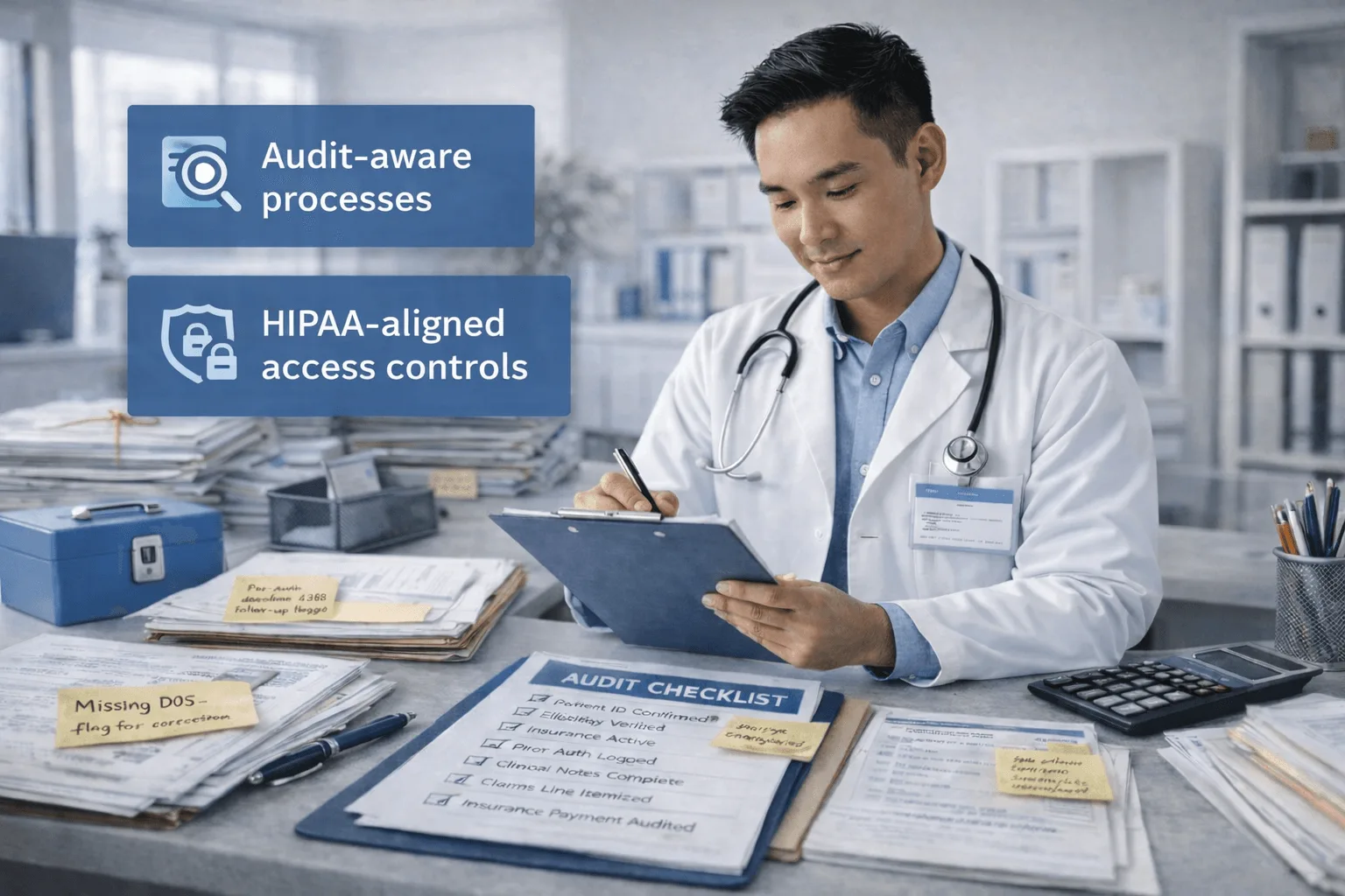 Clinician completing an audit checklist with audit-aware processes and HIPAA-aligned access controls