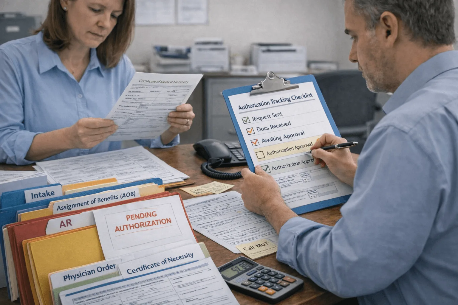 DME billing staff tracking prior authorizations, physician orders and certificates of medical necessity