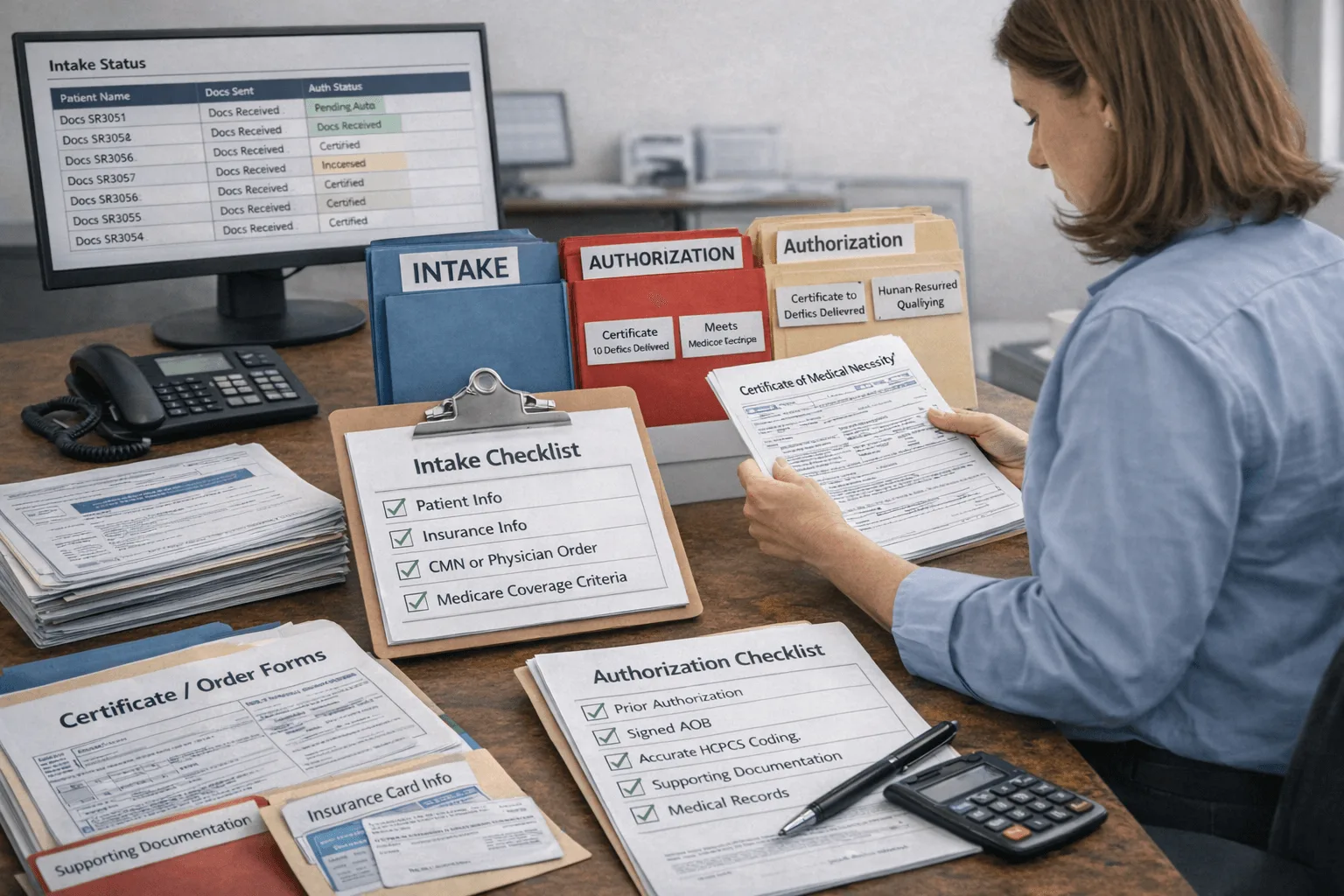 DME intake and authorization checklists with certificate of medical necessity and HCPCS coding documents
