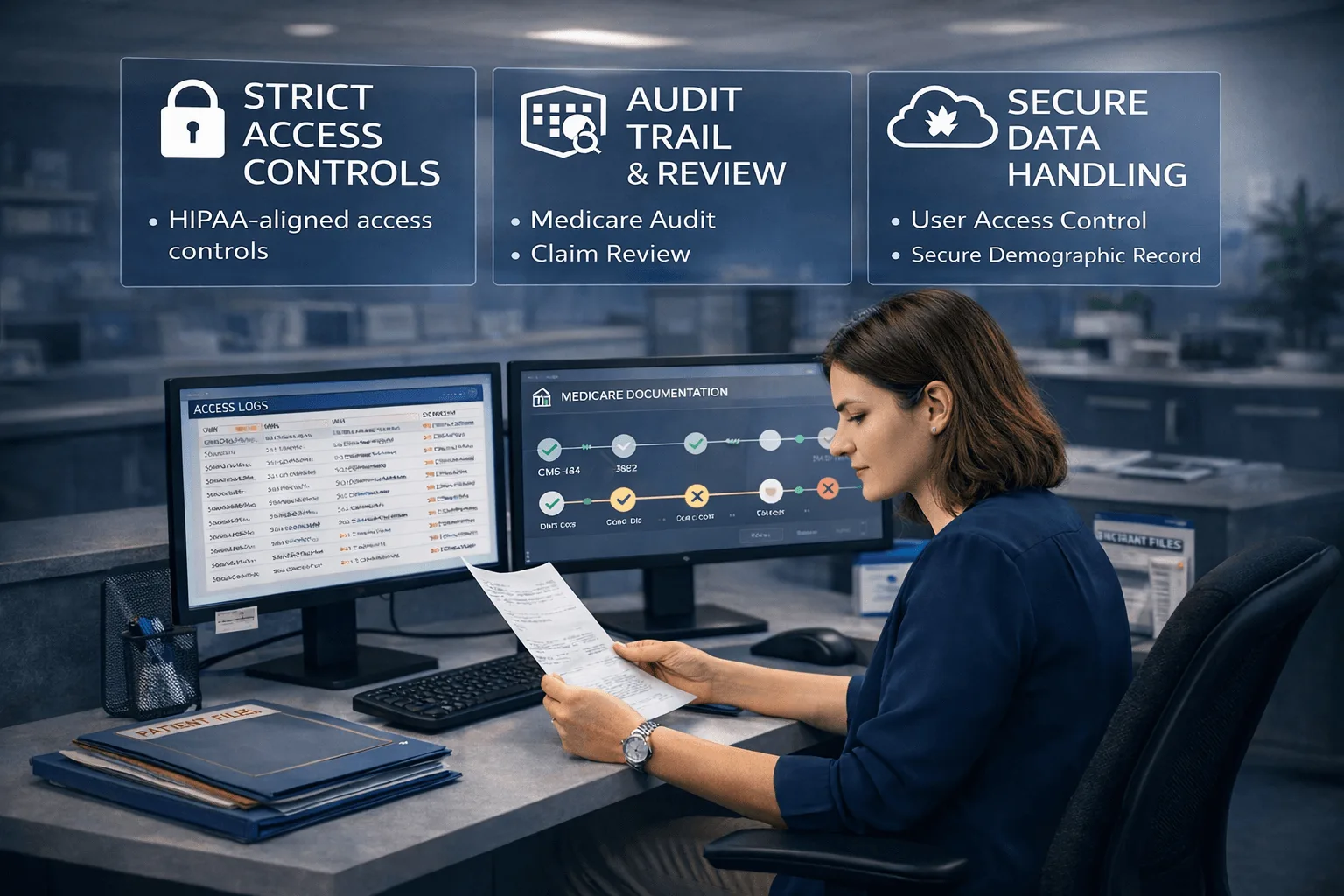 Billing specialist reviewing Medicare documentation and access logs with audit trail and HIPAA-aligned controls