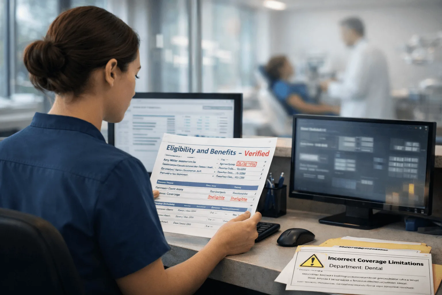Dental front desk staff reviewing a verified eligibility and benefits form