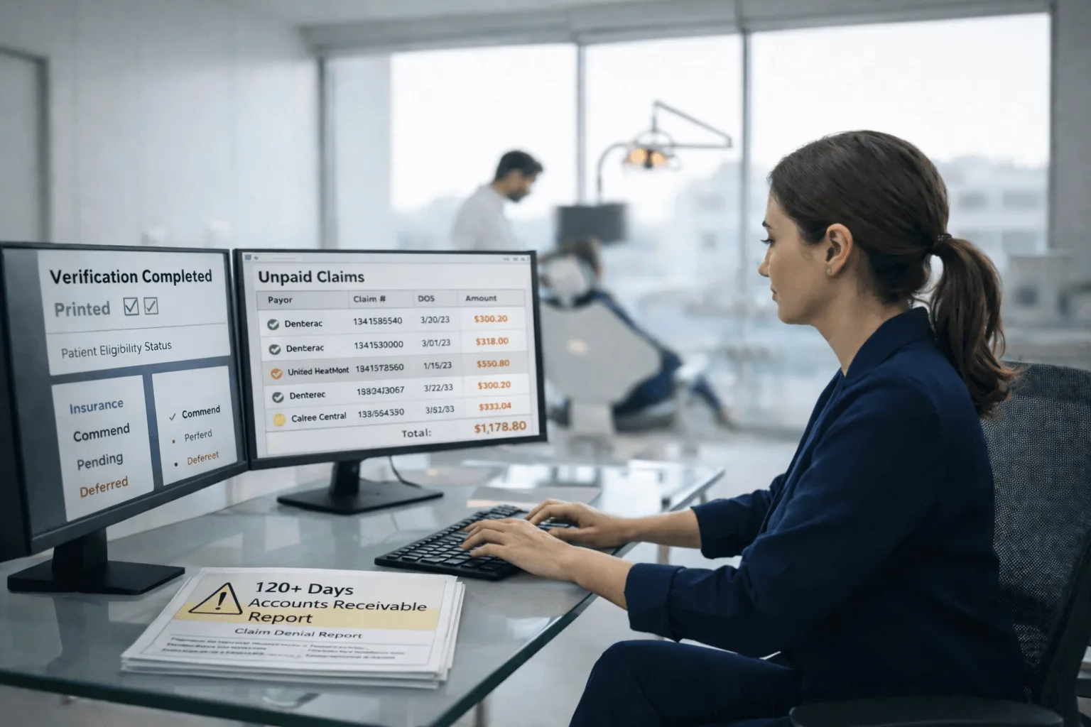 Billing specialist reviewing insurance verification and unpaid claims on dual monitors in a dental practice