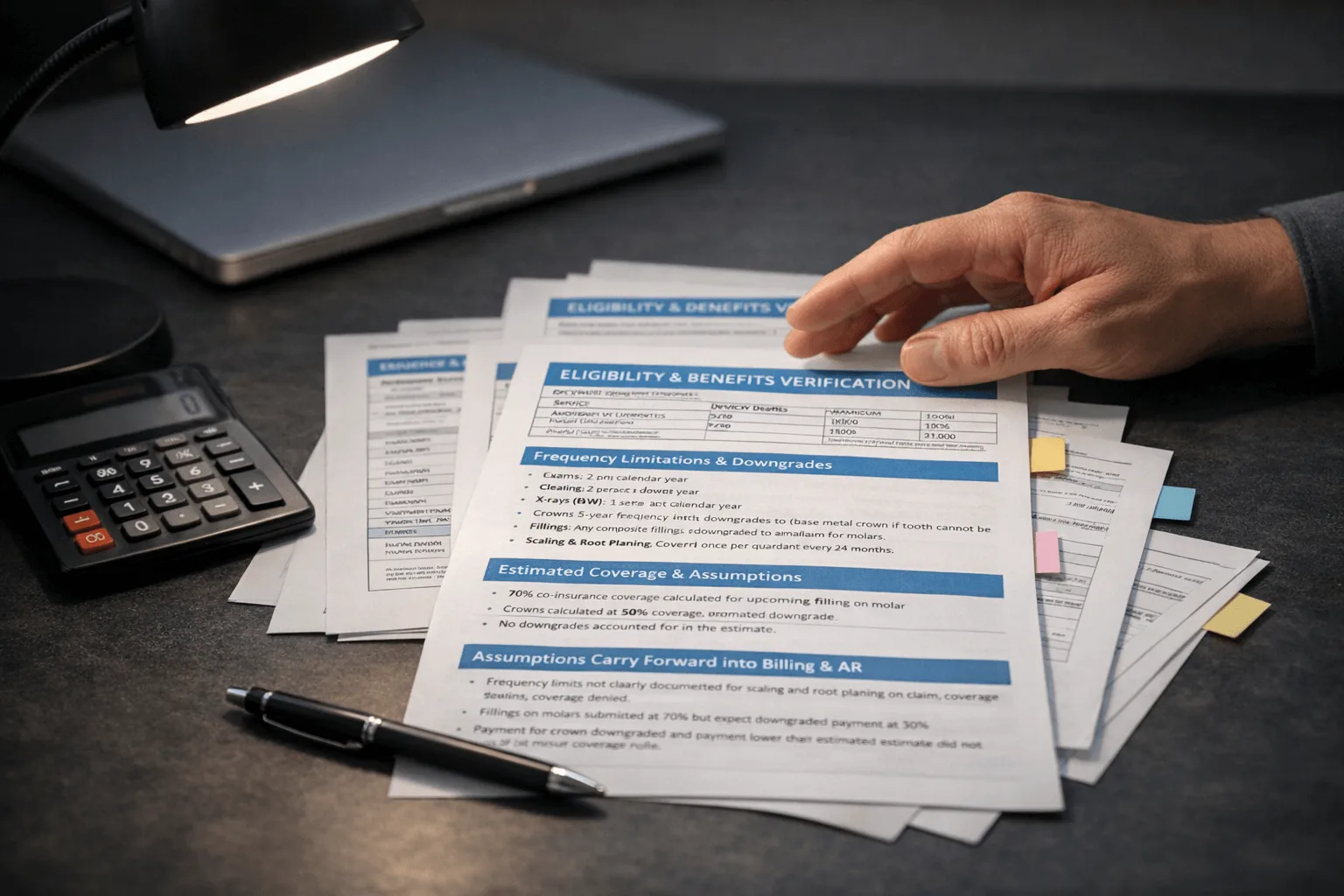 Dental eligibility and benefits verification sheets showing frequency limitations and estimated coverage