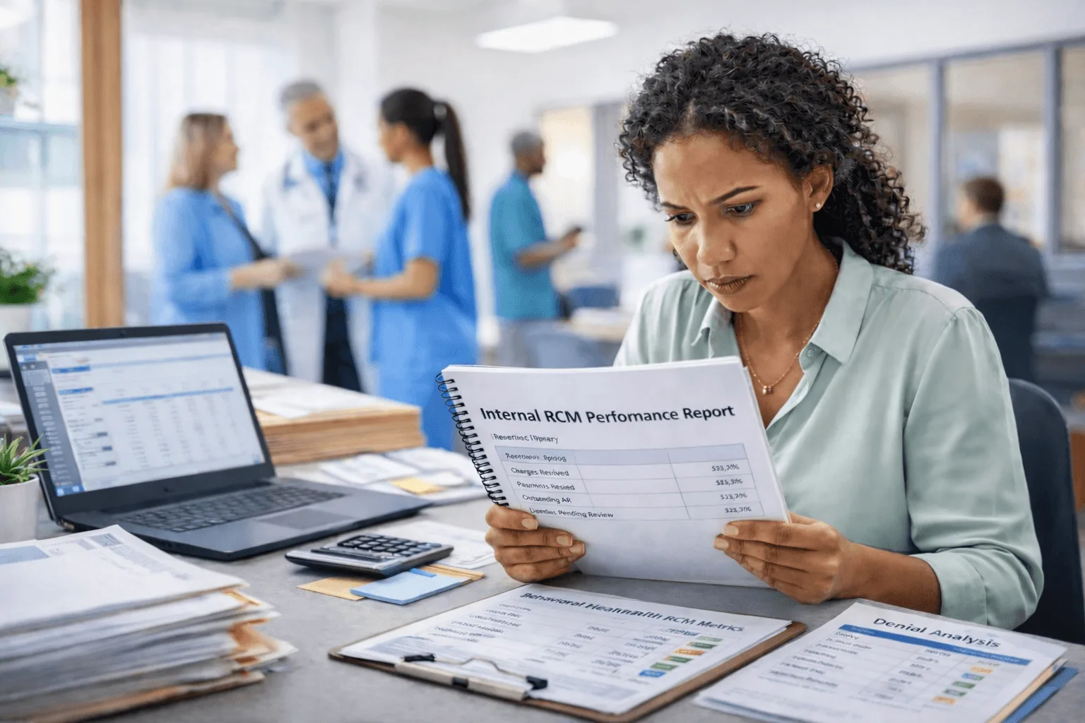 Practice manager reviewing an internal RCM performance report and denial analysis