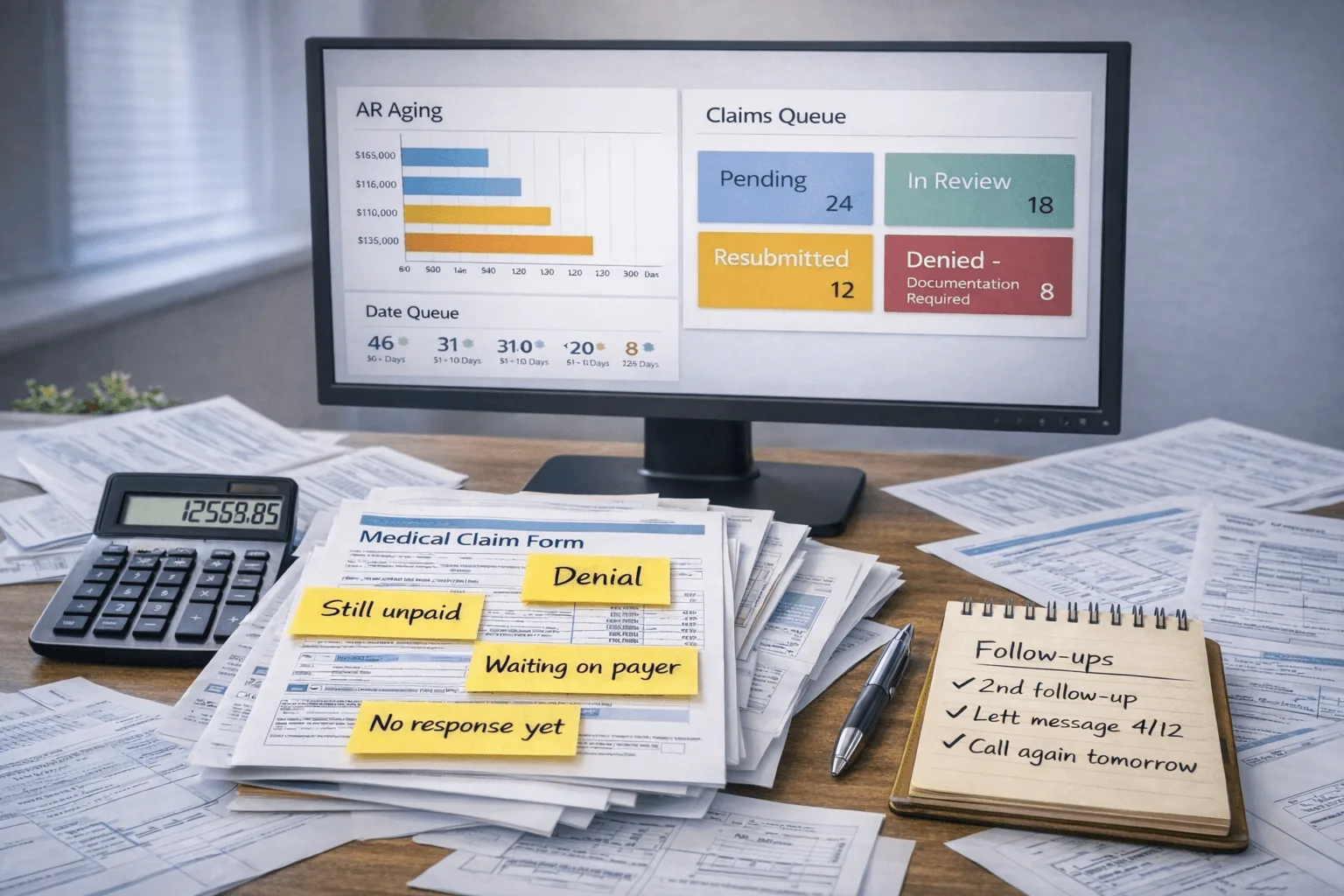 AR aging and claims queue on screen with unpaid medical claim forms and payer follow-up notes