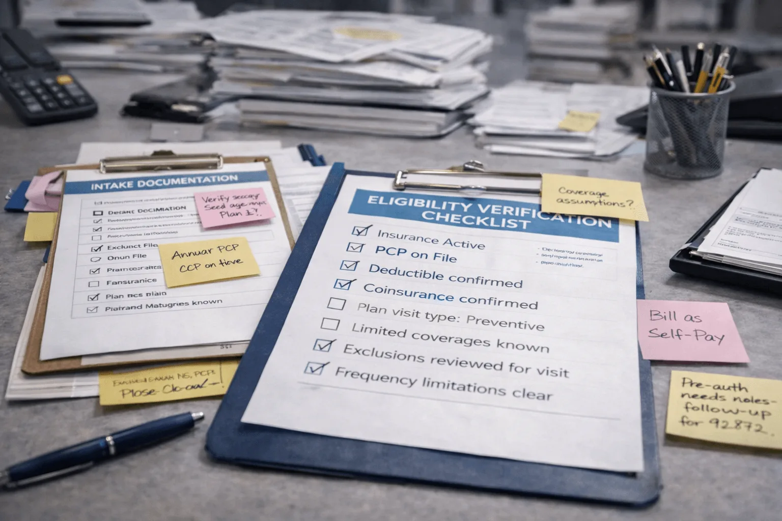 Eligibility verification checklist and intake documentation with coverage and prior authorization notes