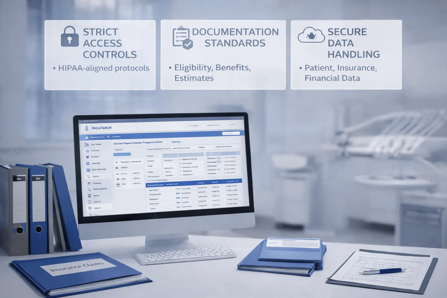 Dental insurance billing workstation with HIPAA-aligned access controls and secure data handling