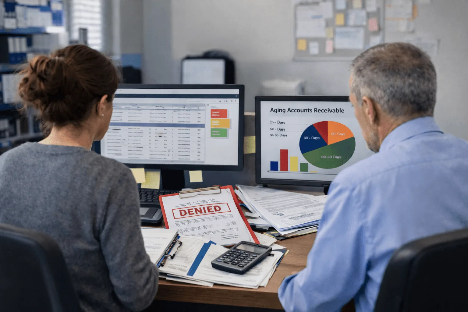 Billing team reviewing aging accounts receivable and a denied claim on office monitors