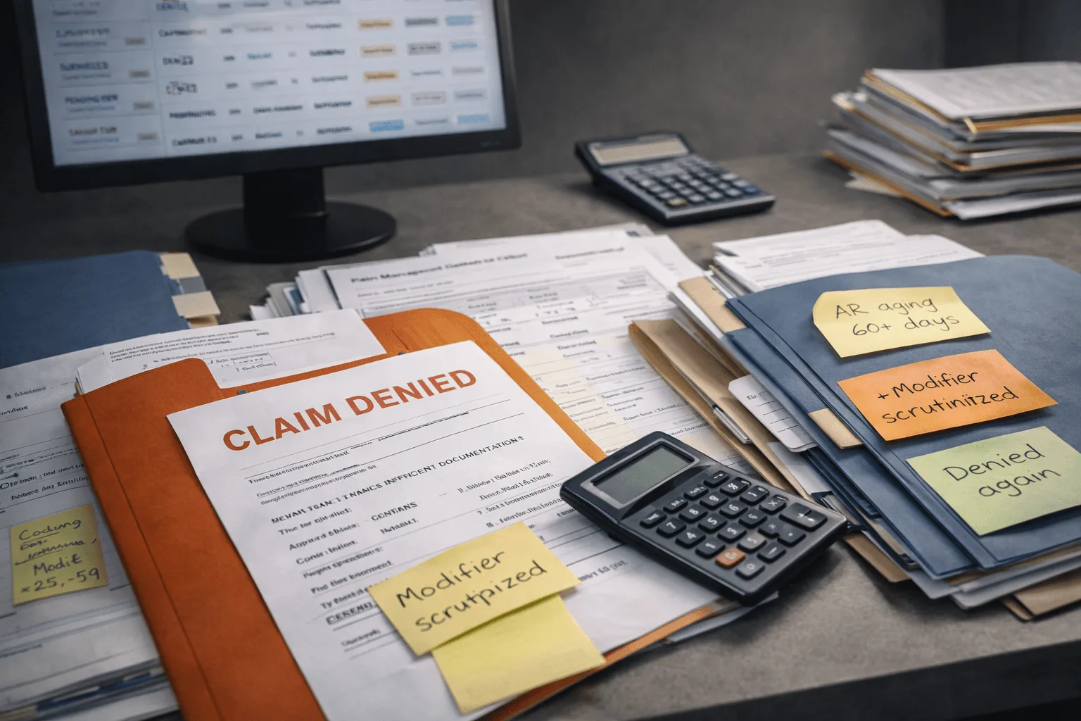 Denied claim with modifier notes and AR aging folders on a billing desk
