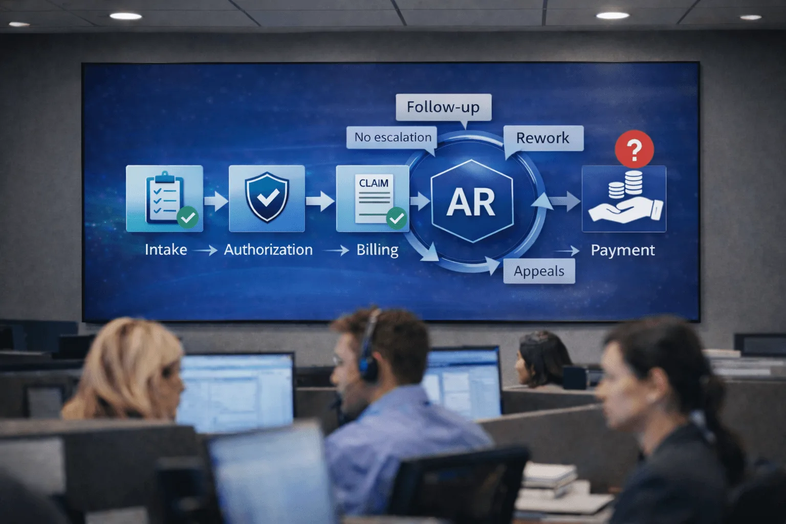 Billing team in front of a revenue cycle workflow from intake and authorization to billing, AR and payment
