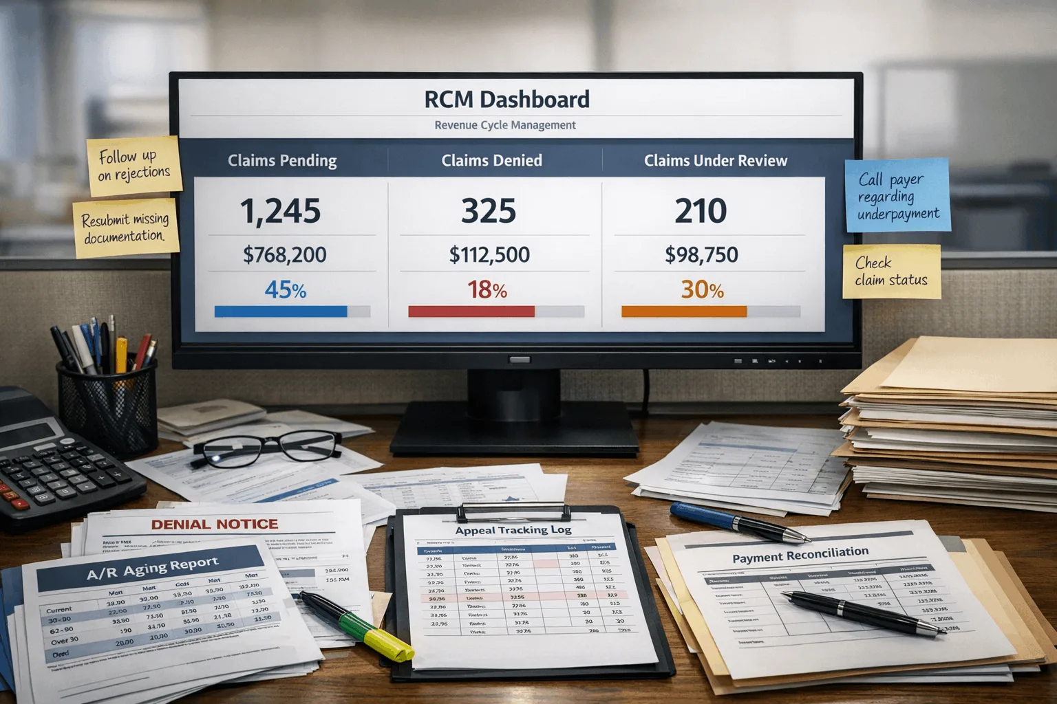 Revenue cycle management dashboard showing pending, denied and under-review claims beside A/R aging and appeal tracking reports