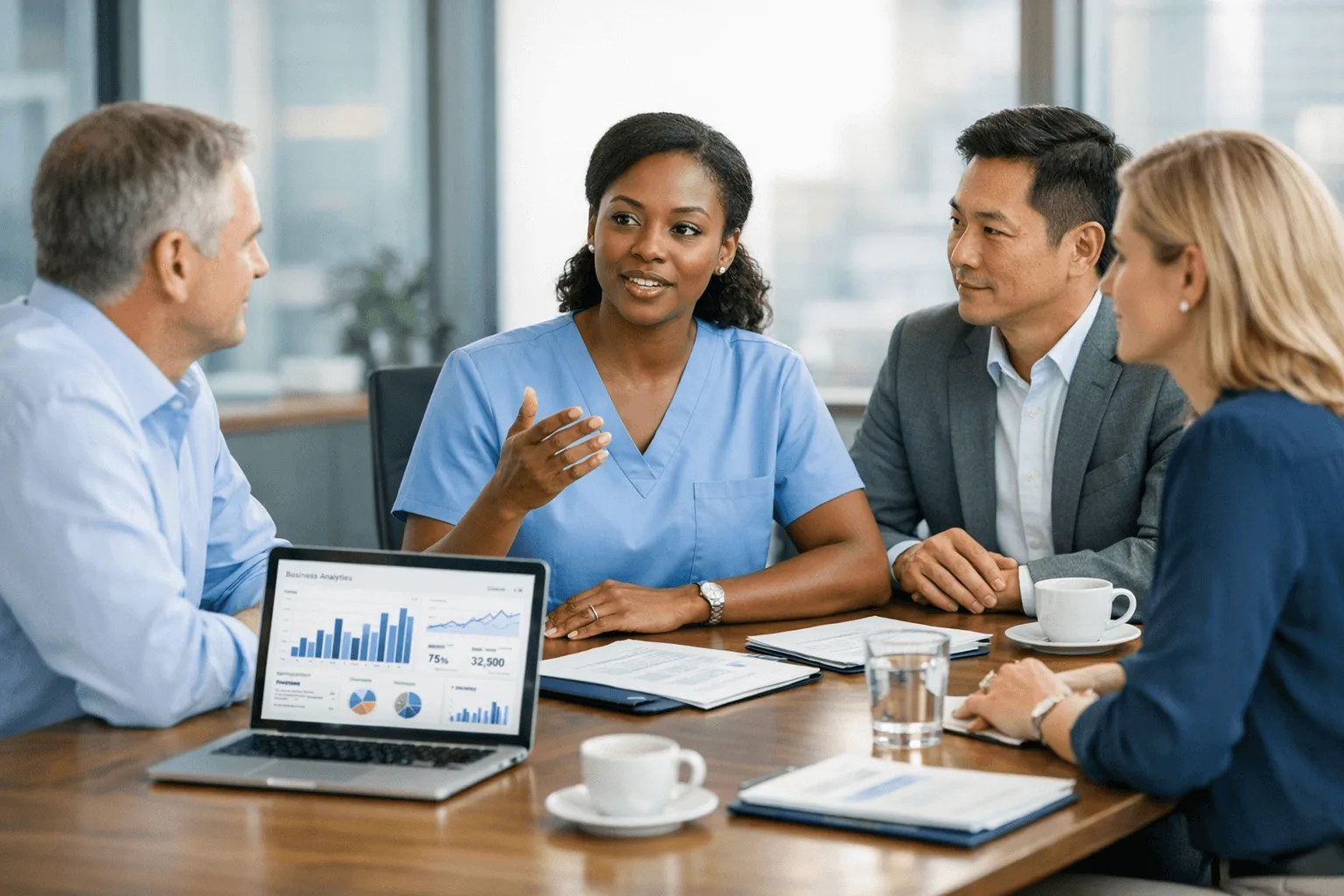 Healthcare provider and billing team reviewing revenue reports in a meeting