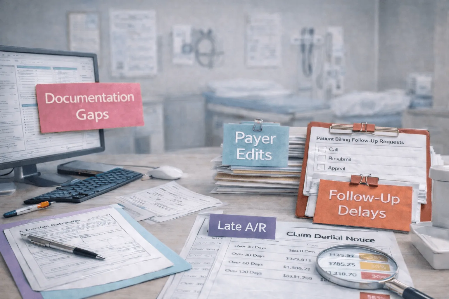 Documentation gaps, payer edits, follow-up delays and late A/R flagged on a clinic claim denial notice