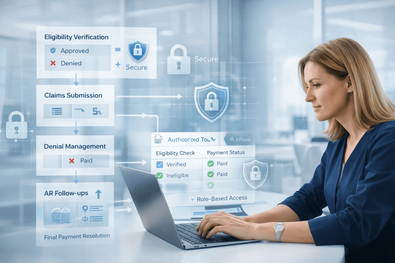 Billing specialist working through eligibility verification, claims submission, denial management and AR follow-up